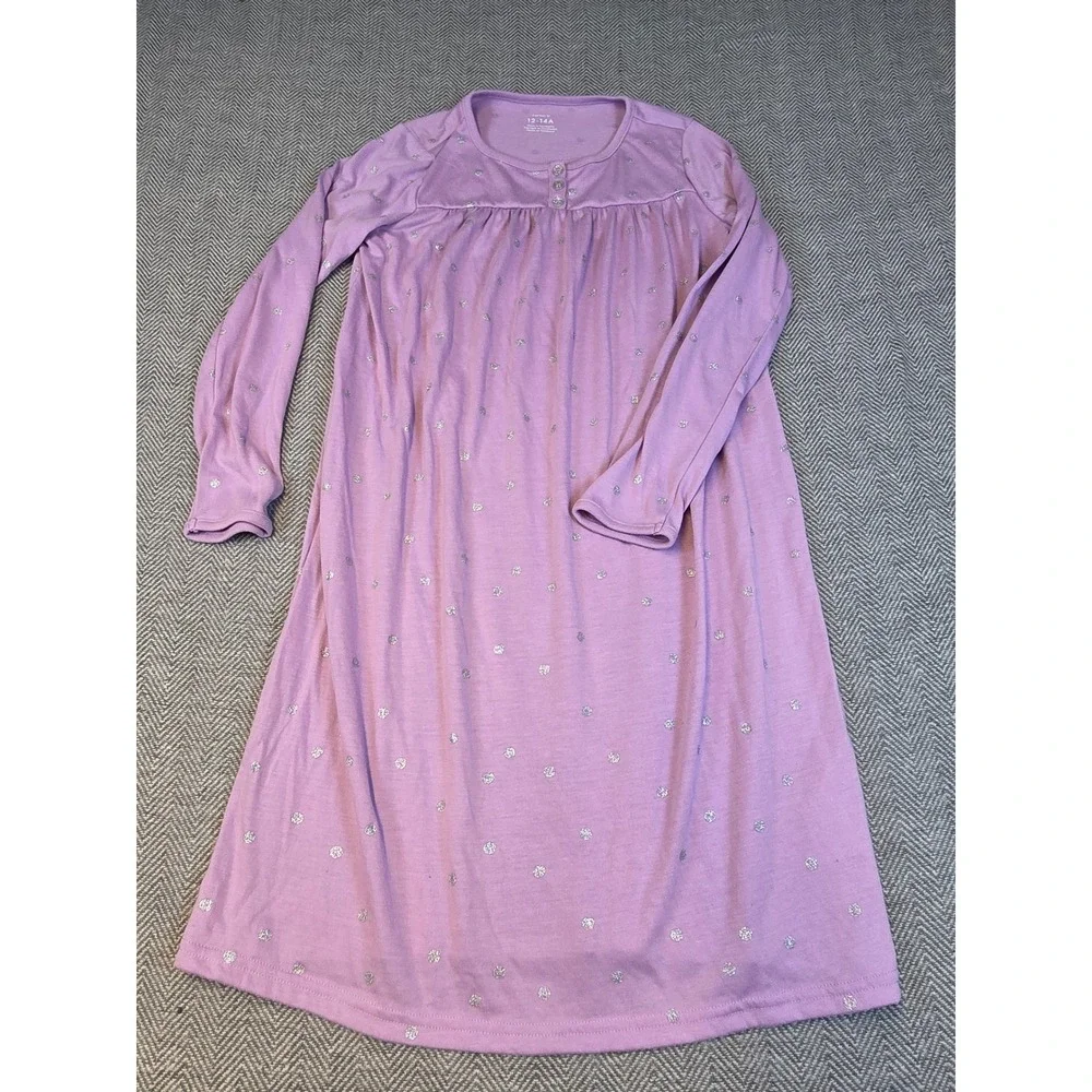 Carters Girls Purple Silver Glitter Polka Dot Long Sleeve Nightgown Size 12-14A